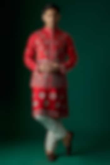 Red Silk Embroidered Nehru Jacket by SAMMOHAN at Pernia's Pop Up Shop