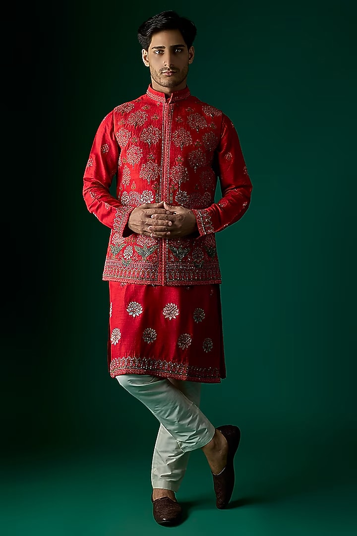 Red Silk Embroidered Nehru Jacket by SAMMOHAN at Pernia's Pop Up Shop