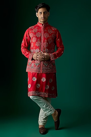 Red Silk Embroidered Nehru Jacket by SAMMOHAN