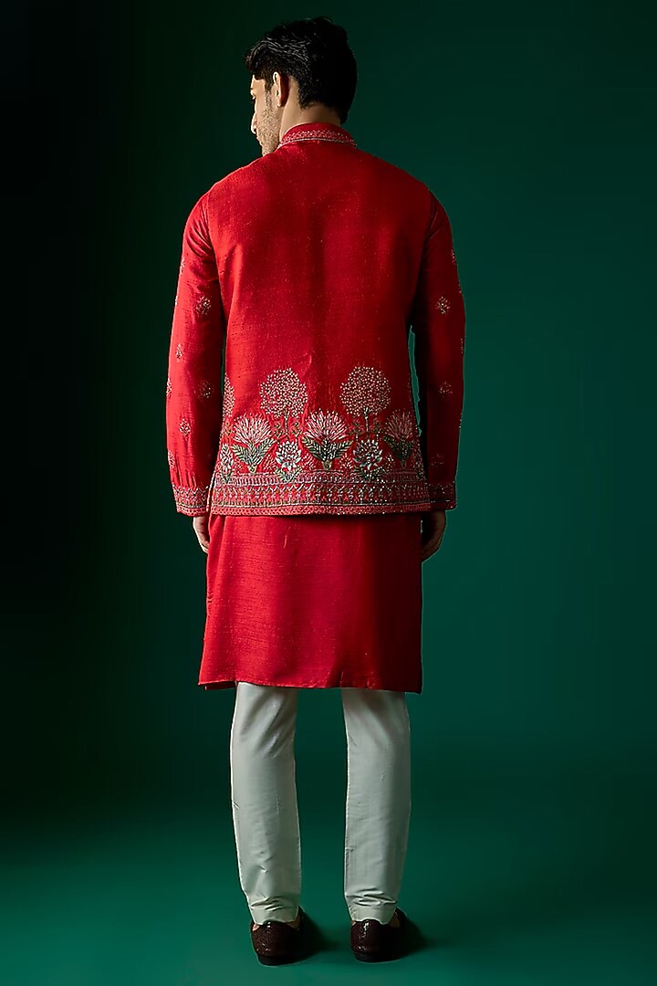 Red Silk Embroidered Nehru Jacket by SAMMOHAN at Pernia's Pop Up Shop