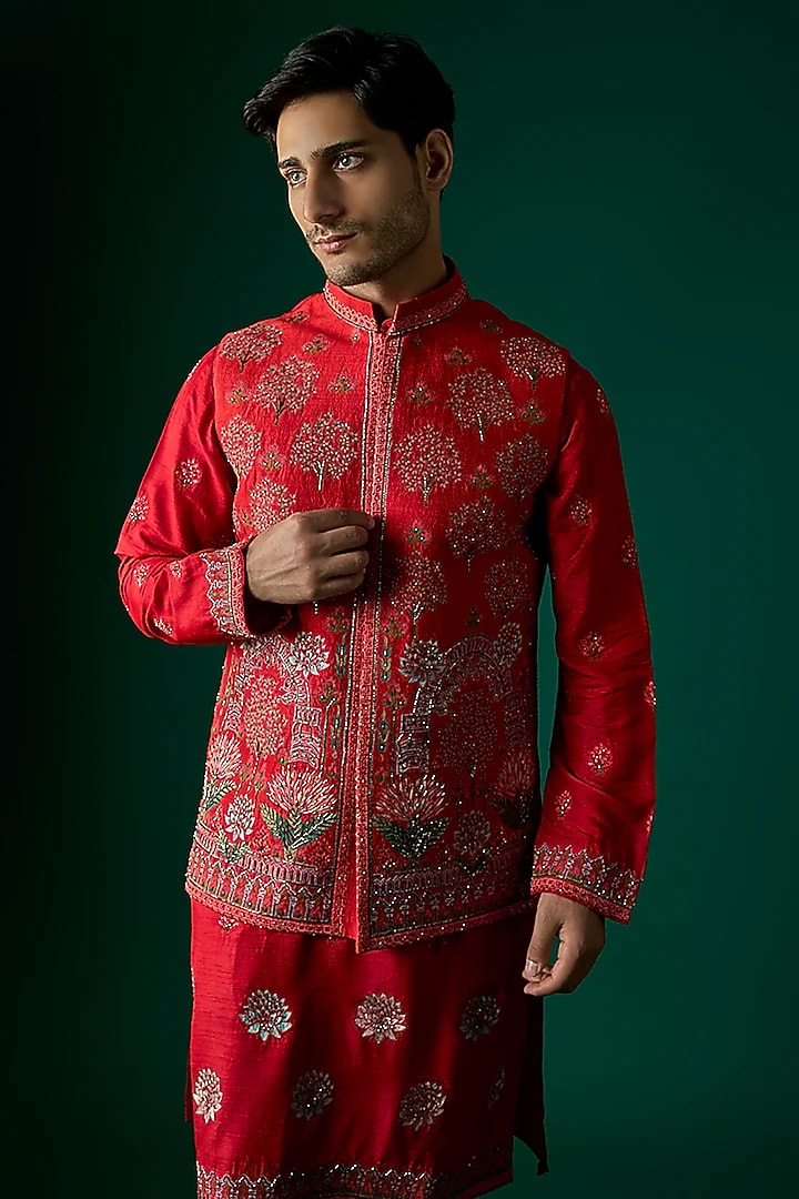 Red Silk Embroidered Nehru Jacket by SAMMOHAN at Pernia's Pop Up Shop