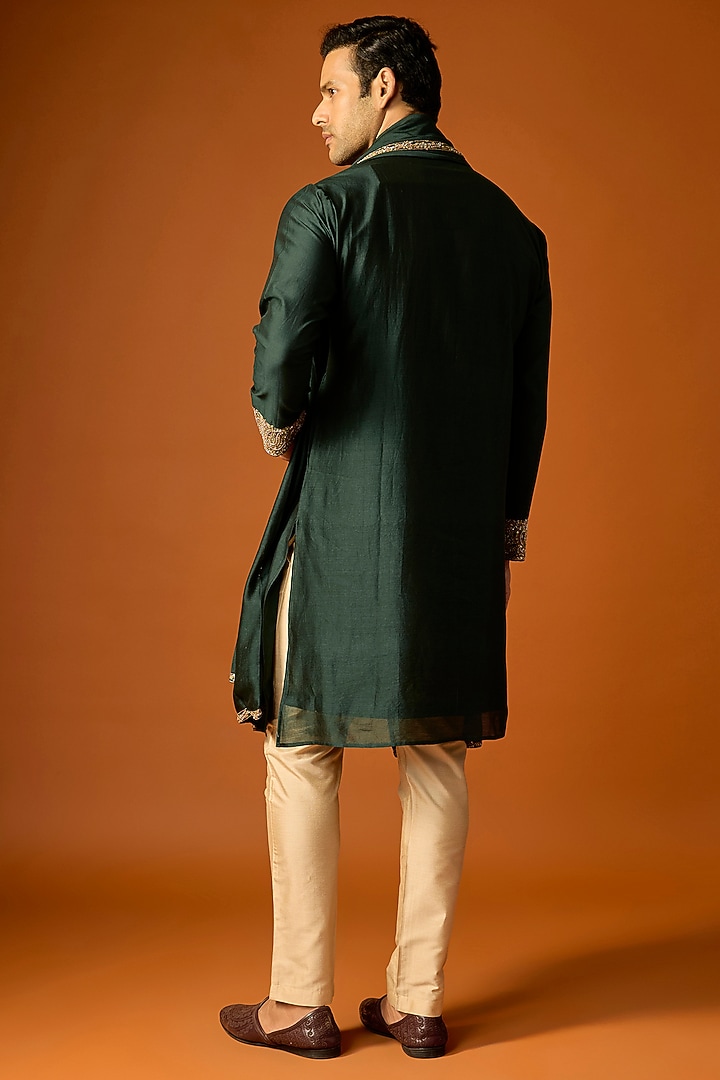 Emerald Green Silk Embroidered Kurta Set by SAMMOHAN at Pernia's Pop Up Shop