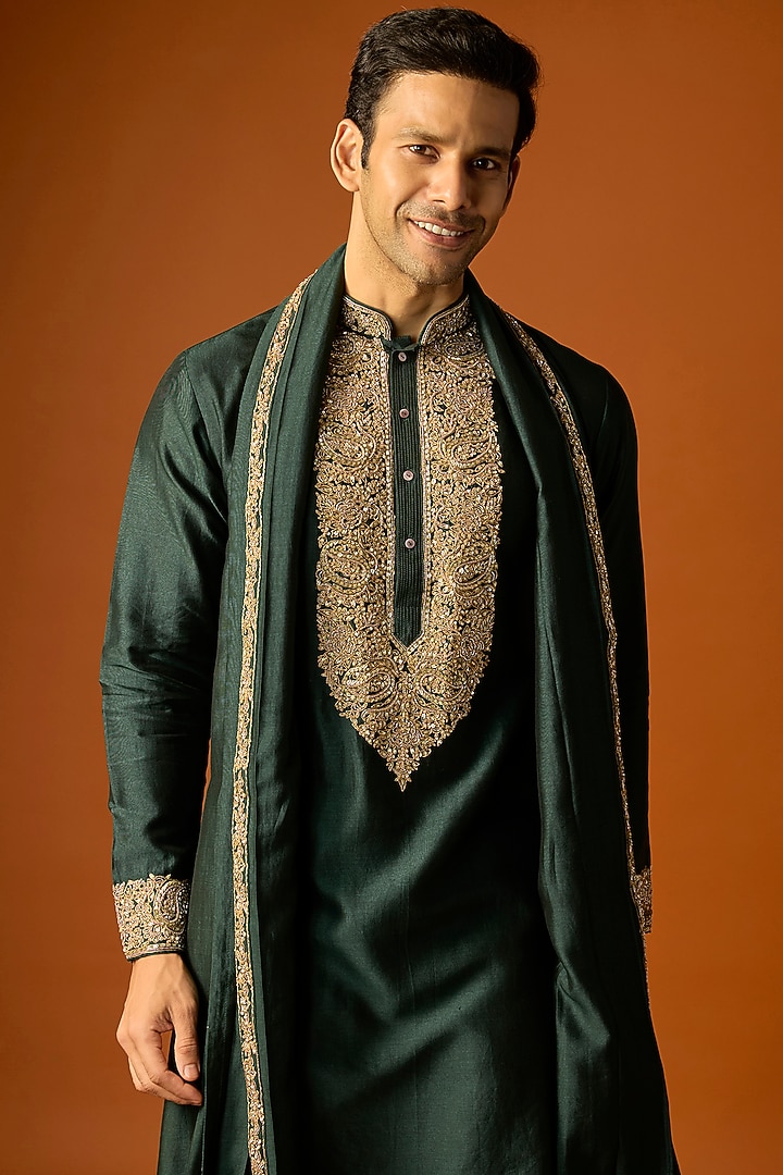 Emerald Green Silk Embroidered Kurta Set by SAMMOHAN at Pernia's Pop Up Shop