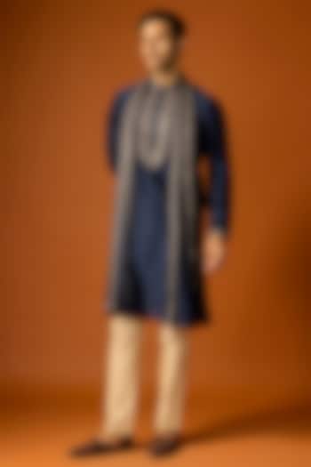 Navy Blue Silk Embroidered Kurta Set by SAMMOHAN at Pernia's Pop Up Shop