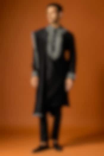 Black Silk Embroidered Kurta Set by SAMMOHAN at Pernia's Pop Up Shop