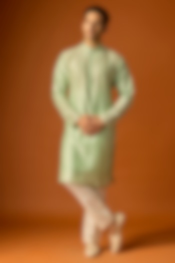 Sea Green Silk Embroidered Kurta Set by SAMMOHAN at Pernia's Pop Up Shop