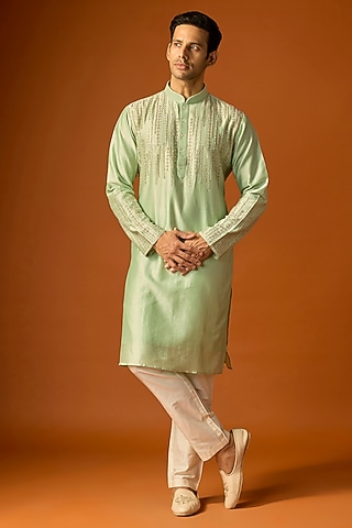 Sea Green Silk Embroidered Kurta Set by SAMMOHAN