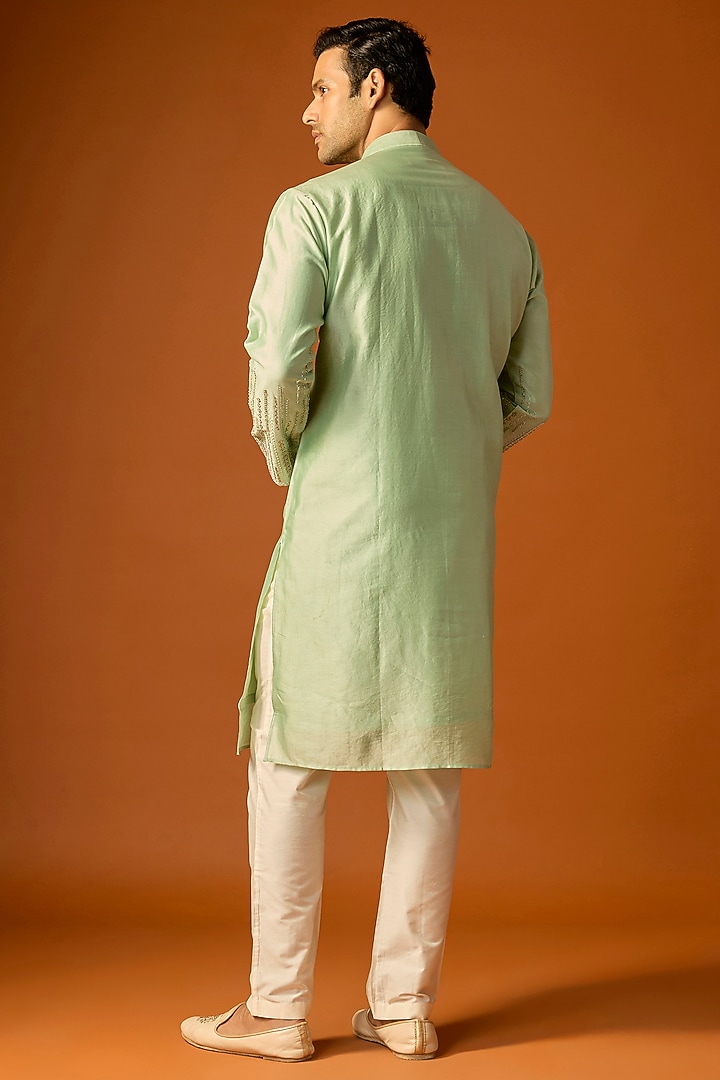 Sea Green Silk Embroidered Kurta Set by SAMMOHAN at Pernia's Pop Up Shop