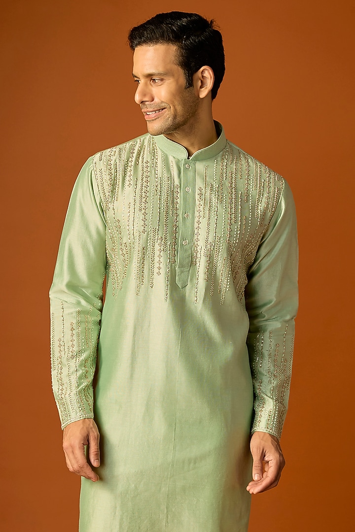 Sea Green Silk Embroidered Kurta Set by SAMMOHAN at Pernia's Pop Up Shop