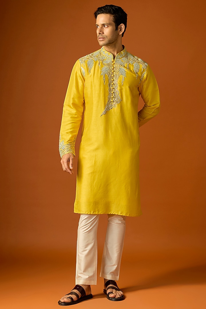 Yellow Silk Embroidered Kurta Set by SAMMOHAN at Pernia's Pop Up Shop
