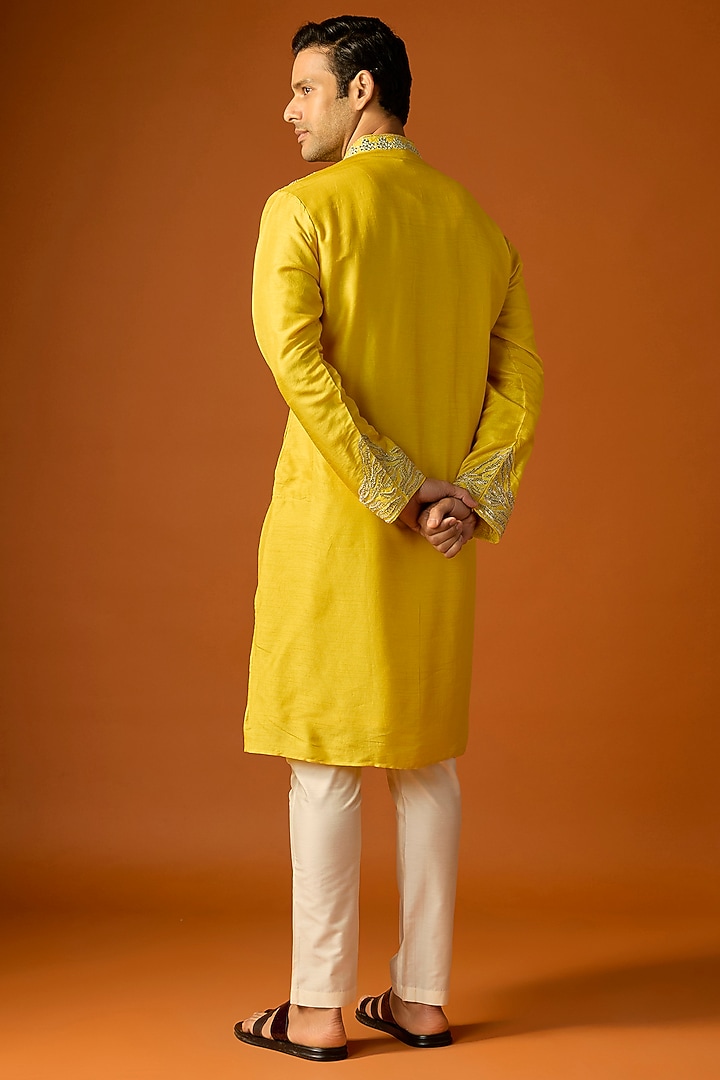 Yellow Silk Embroidered Kurta Set by SAMMOHAN at Pernia's Pop Up Shop