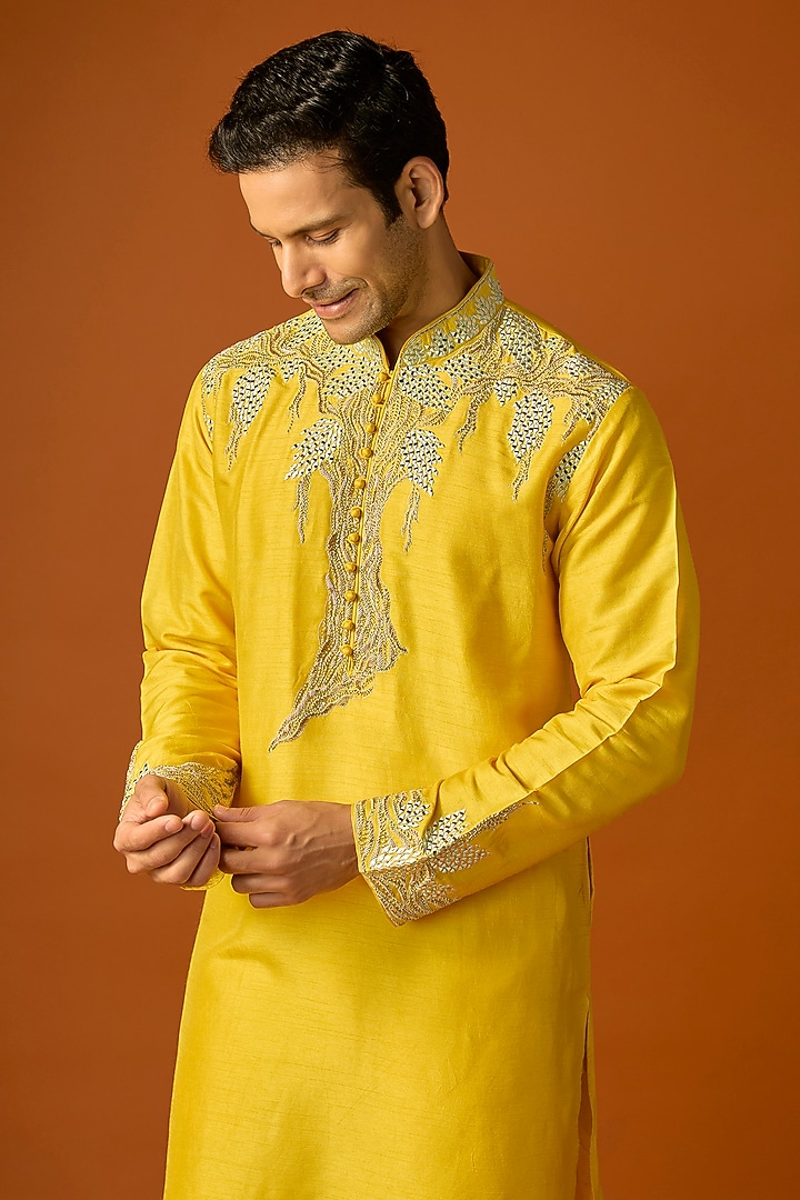 Yellow Silk Embroidered Kurta Set by SAMMOHAN at Pernia's Pop Up Shop