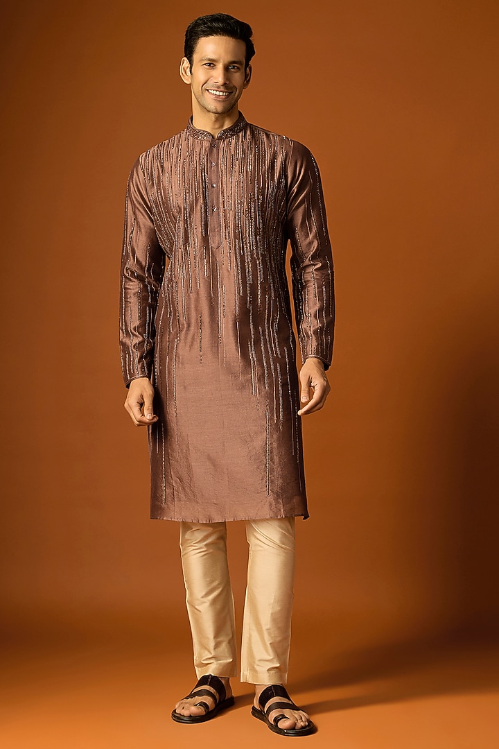 Brown Silk Embroidered Kurta Set by SAMMOHAN at Pernia's Pop Up Shop