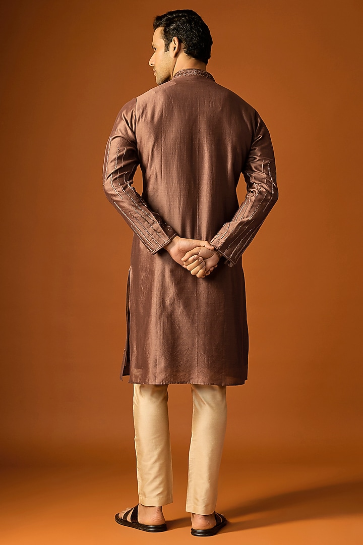 Brown Silk Embroidered Kurta Set by SAMMOHAN at Pernia's Pop Up Shop
