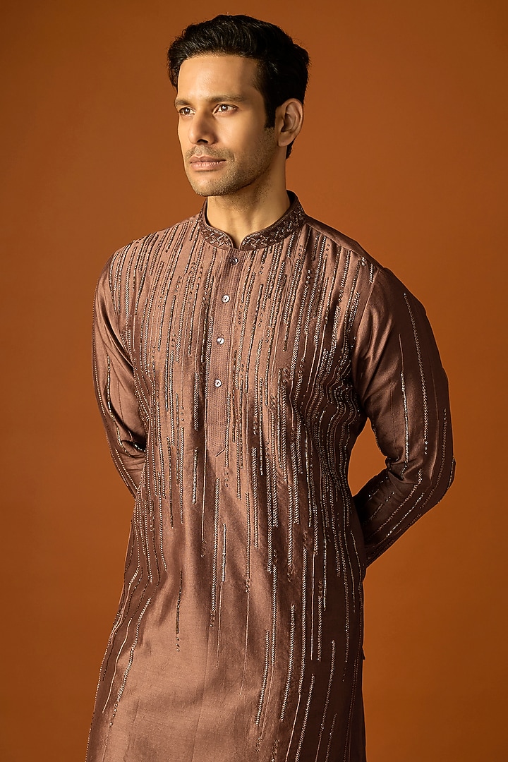 Brown Silk Embroidered Kurta Set by SAMMOHAN at Pernia's Pop Up Shop