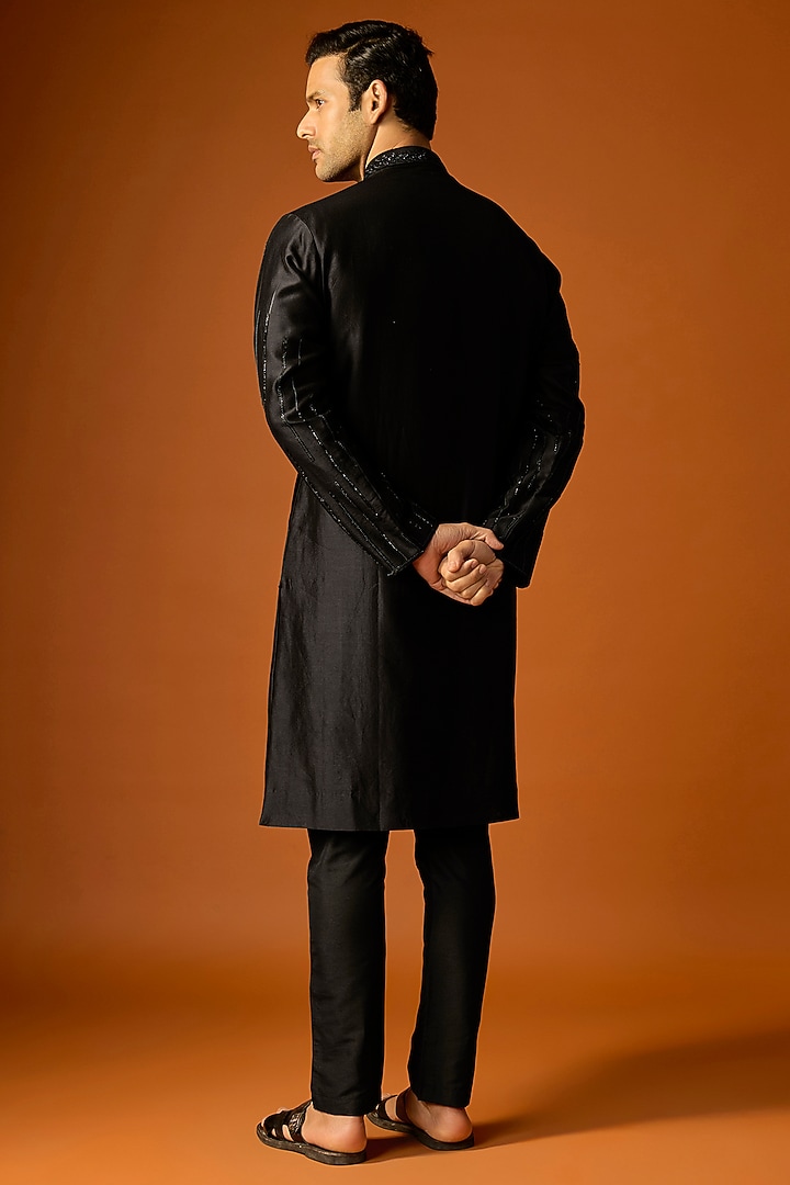 Black Silk Embroidered Kurta Set by SAMMOHAN at Pernia's Pop Up Shop