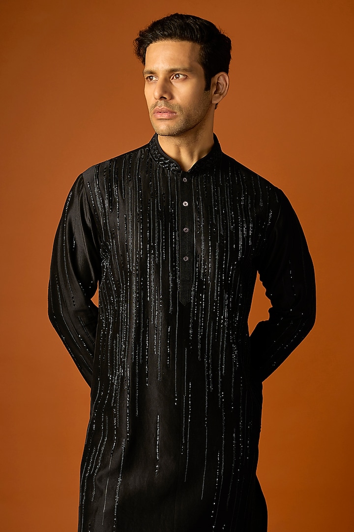 Black Silk Embroidered Kurta Set by SAMMOHAN at Pernia's Pop Up Shop