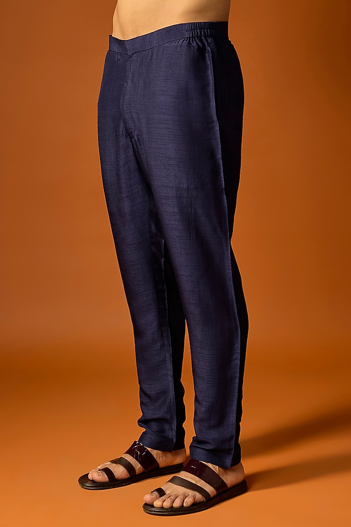 Navy Blue Silk Embroidered Kurta Set by SAMMOHAN at Pernia's Pop Up Shop