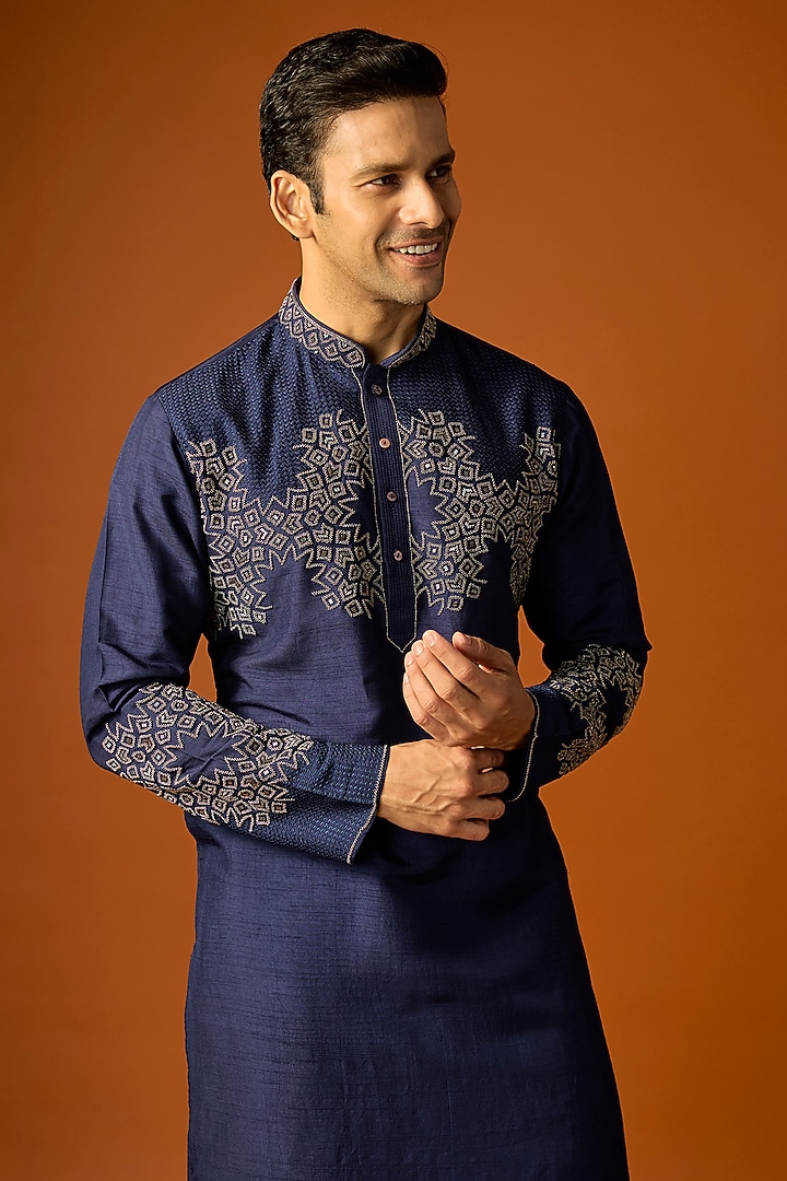 Navy Blue Silk Embroidered Kurta Set by SAMMOHAN at Pernia's Pop Up Shop