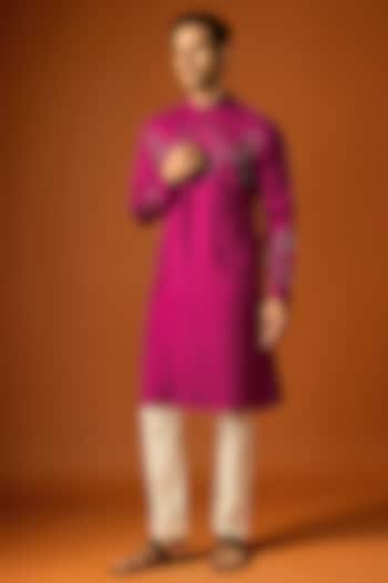 Wine Silk Embroidered Kurta Set by SAMMOHAN at Pernia's Pop Up Shop