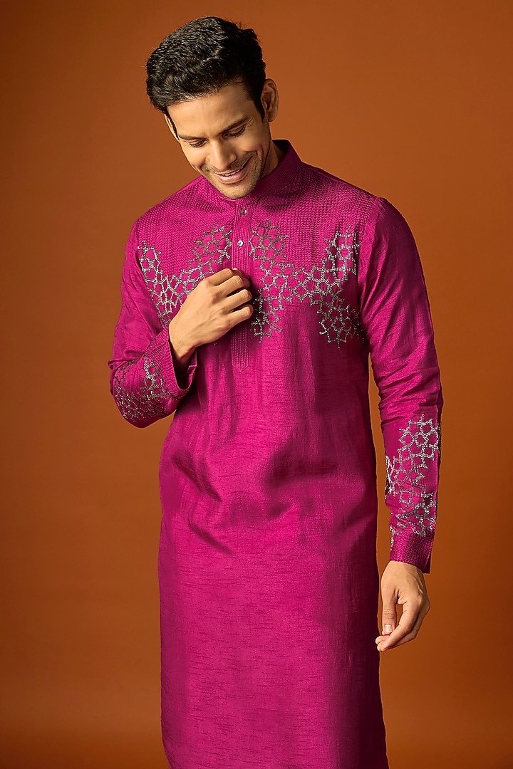 Pink Silk Embroidered Kurta Set by SAMMOHAN at Pernia's Pop Up Shop