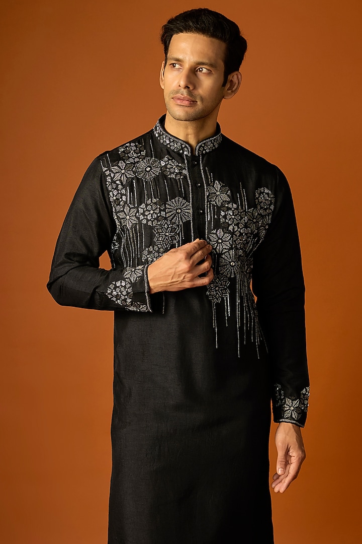 Black Silk Embroidered Kurta Set by SAMMOHAN at Pernia's Pop Up Shop