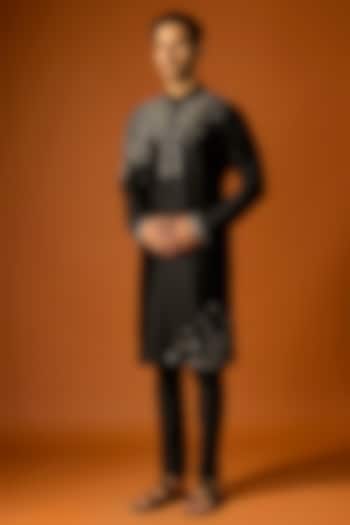 Black Silk Embroidered Kurta Set by SAMMOHAN at Pernia's Pop Up Shop