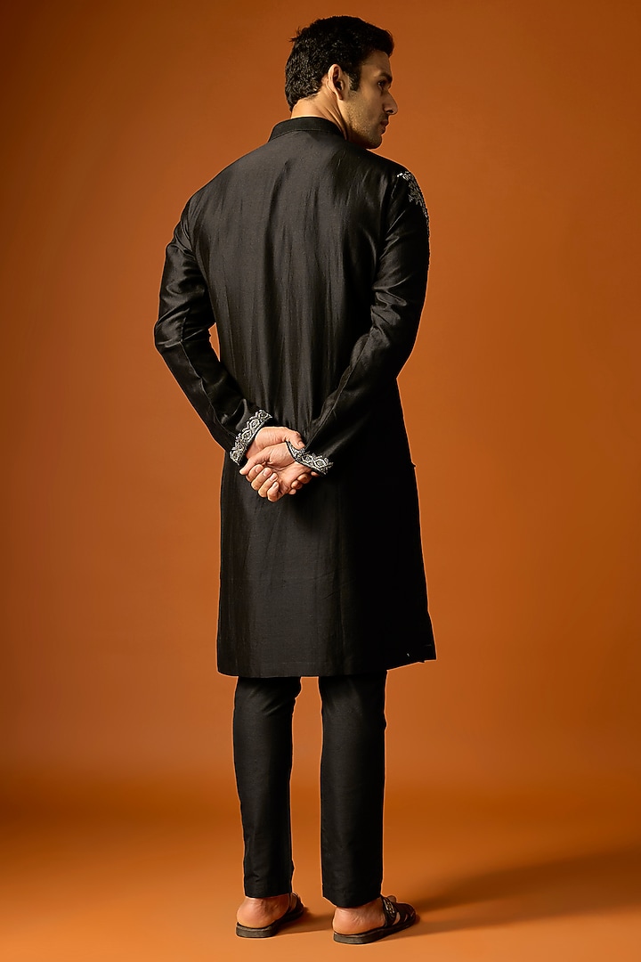 Black Silk Embroidered Kurta Set by SAMMOHAN at Pernia's Pop Up Shop