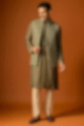 Olive Green Silk Embroidered Bundi Set by SAMMOHAN at Pernia's Pop Up Shop