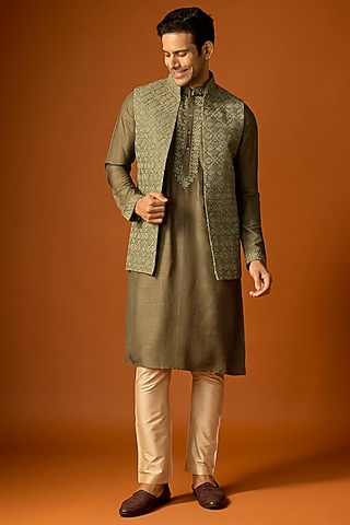 Olive Green Silk Embroidered Bundi Set by SAMMOHAN