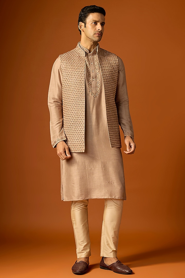 Coffee Brown Silk Embroidered Bundi Set by SAMMOHAN at Pernia's Pop Up Shop