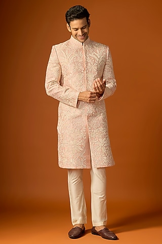 Pink Silk Embroidered Sherwani Set by SAMMOHAN