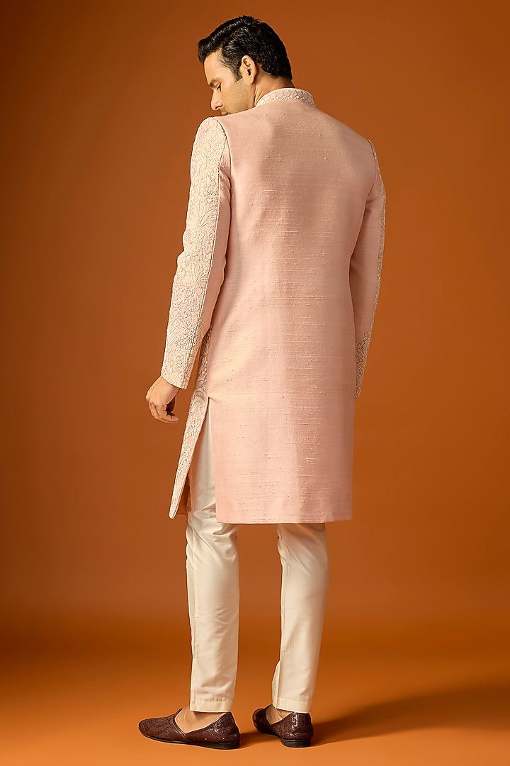 Pink Silk Embroidered Groom Sherwani Set by SAMMOHAN at Pernia's Pop Up Shop