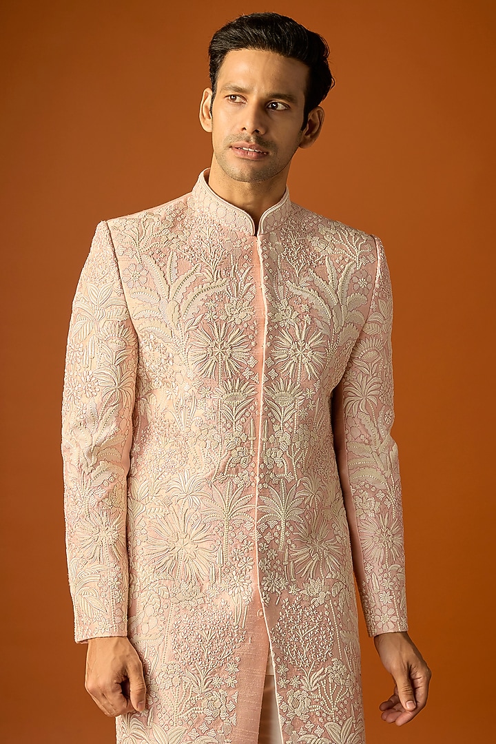 Pink Silk Embroidered Groom Sherwani Set by SAMMOHAN at Pernia's Pop Up Shop