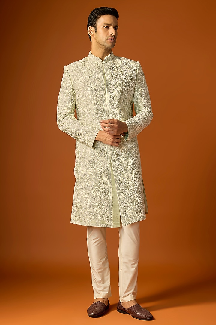 Off-White Silk Embroidered Groom Sherwani Set by SAMMOHAN at Pernia's Pop Up Shop