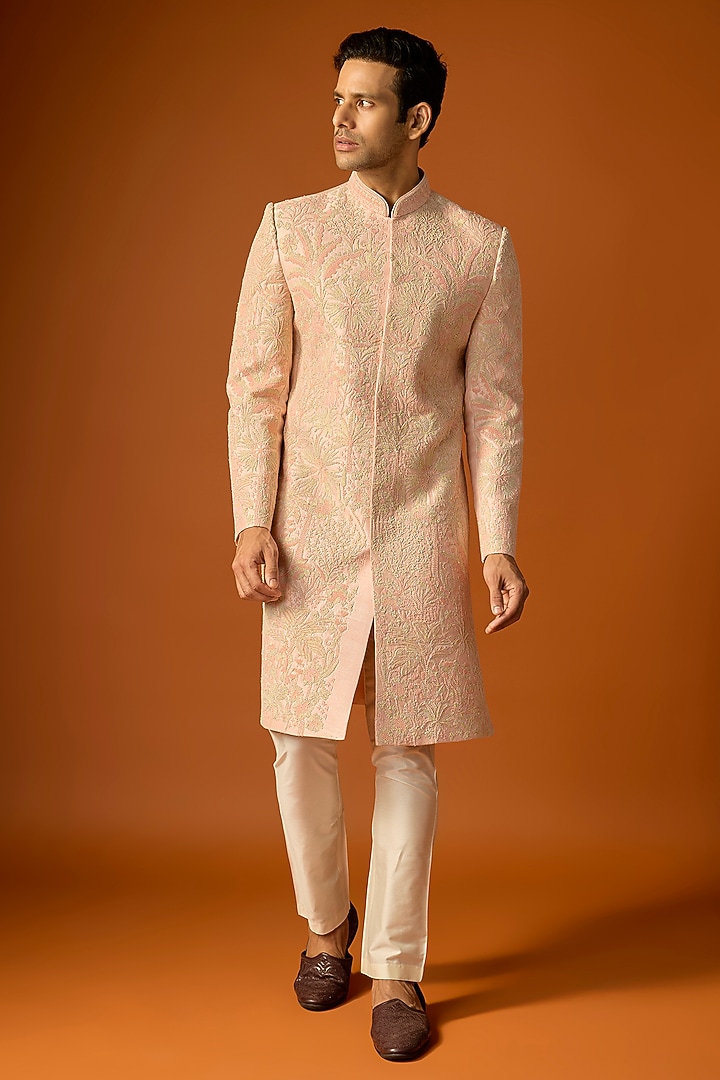 Orange Silk Embroidered Groom Sherwani Set by SAMMOHAN at Pernia's Pop Up Shop