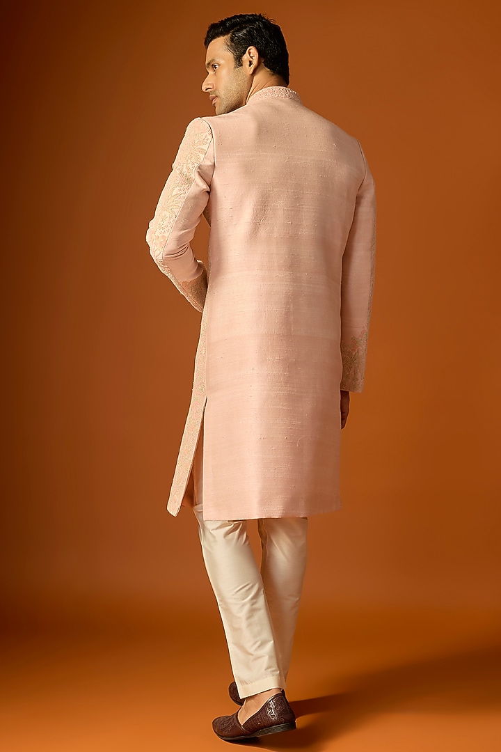 Orange Silk Embroidered Groom Sherwani Set by SAMMOHAN at Pernia's Pop Up Shop