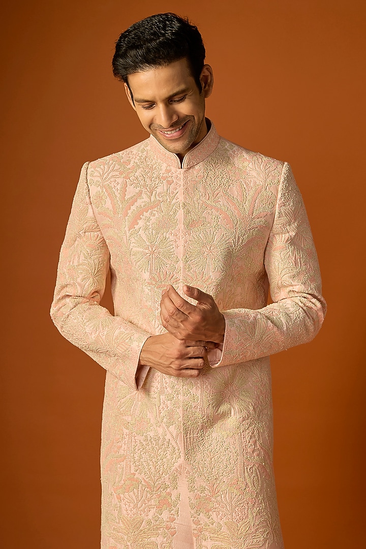 Orange Silk Embroidered Groom Sherwani Set by SAMMOHAN at Pernia's Pop Up Shop