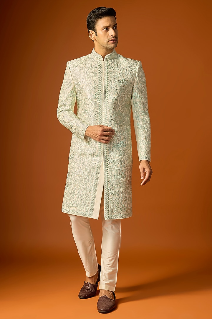 Off-White Silk Embroidered Groom Sherwani Set by SAMMOHAN at Pernia's Pop Up Shop