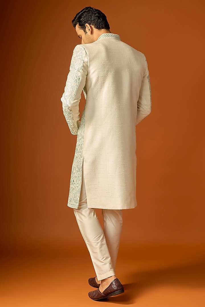 Off-White Silk Embroidered Groom Sherwani Set by SAMMOHAN at Pernia's Pop Up Shop