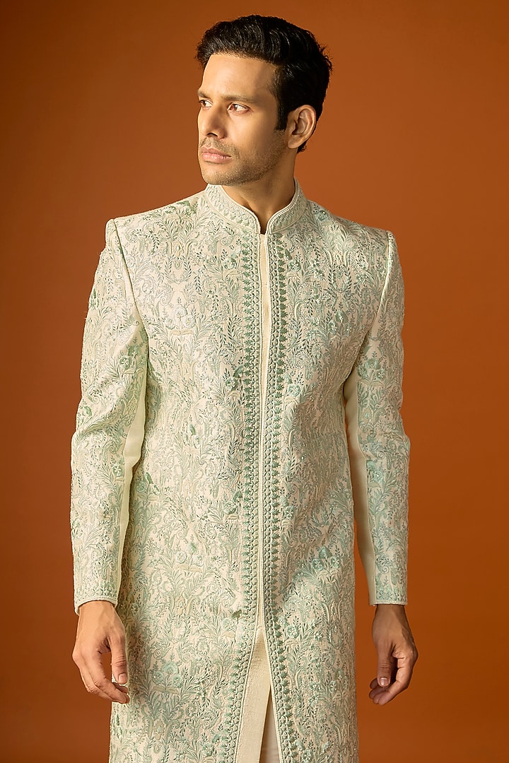 Off-White Silk Embroidered Groom Sherwani Set by SAMMOHAN at Pernia's Pop Up Shop