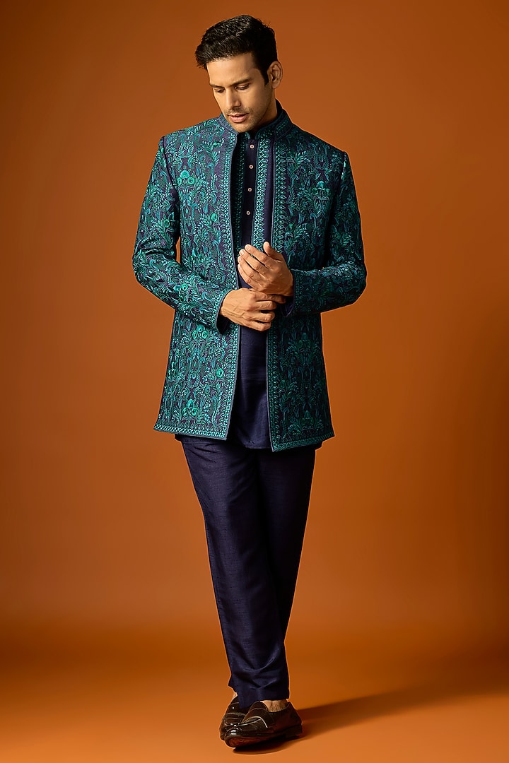 Blue Silk Embroidered Wedding Indowestern Set by SAMMOHAN at Pernia's Pop Up Shop