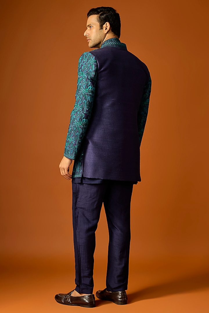 Blue Silk Embroidered Wedding Indowestern Set by SAMMOHAN at Pernia's Pop Up Shop