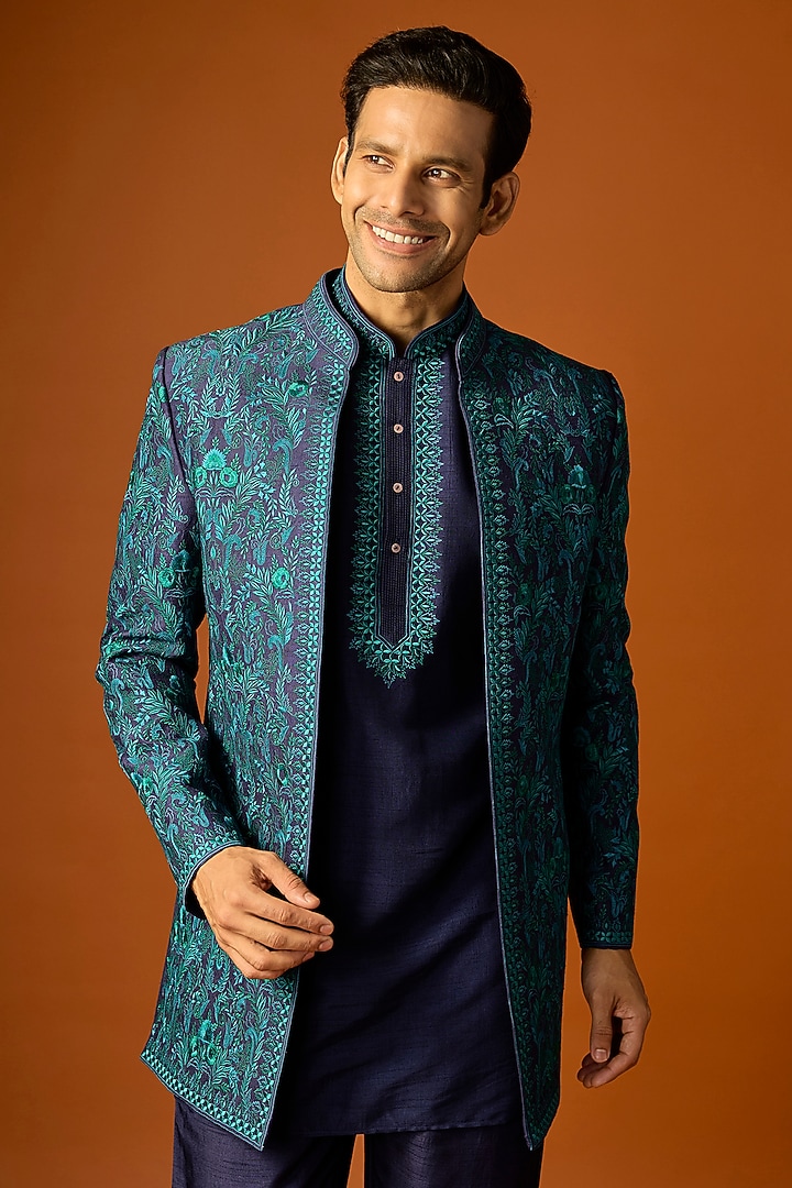 Blue Silk Embroidered Wedding Indowestern Set by SAMMOHAN at Pernia's Pop Up Shop