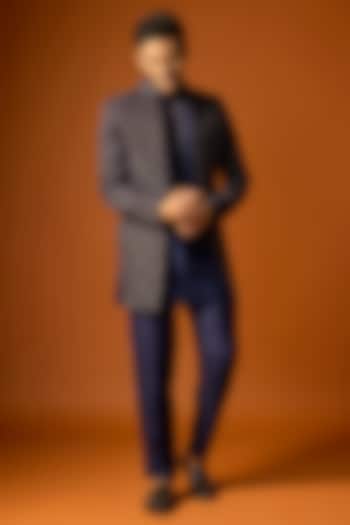 Navy Blue Silk Embroidered Groom Indowestern Set by SAMMOHAN at Pernia's Pop Up Shop