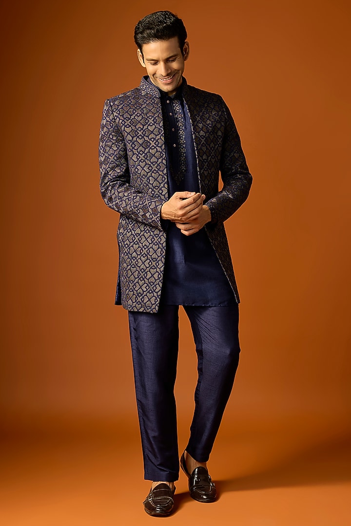 Navy Blue Silk Embroidered Groom Indowestern Set by SAMMOHAN at Pernia's Pop Up Shop