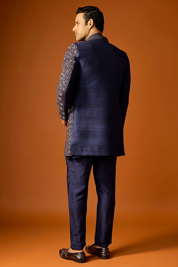 Navy Blue Silk Embroidered Groom Indowestern Set by SAMMOHAN at Pernia's Pop Up Shop