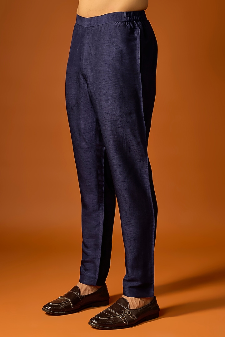 Navy Blue Silk Embroidered Groom Indowestern Set by SAMMOHAN at Pernia's Pop Up Shop