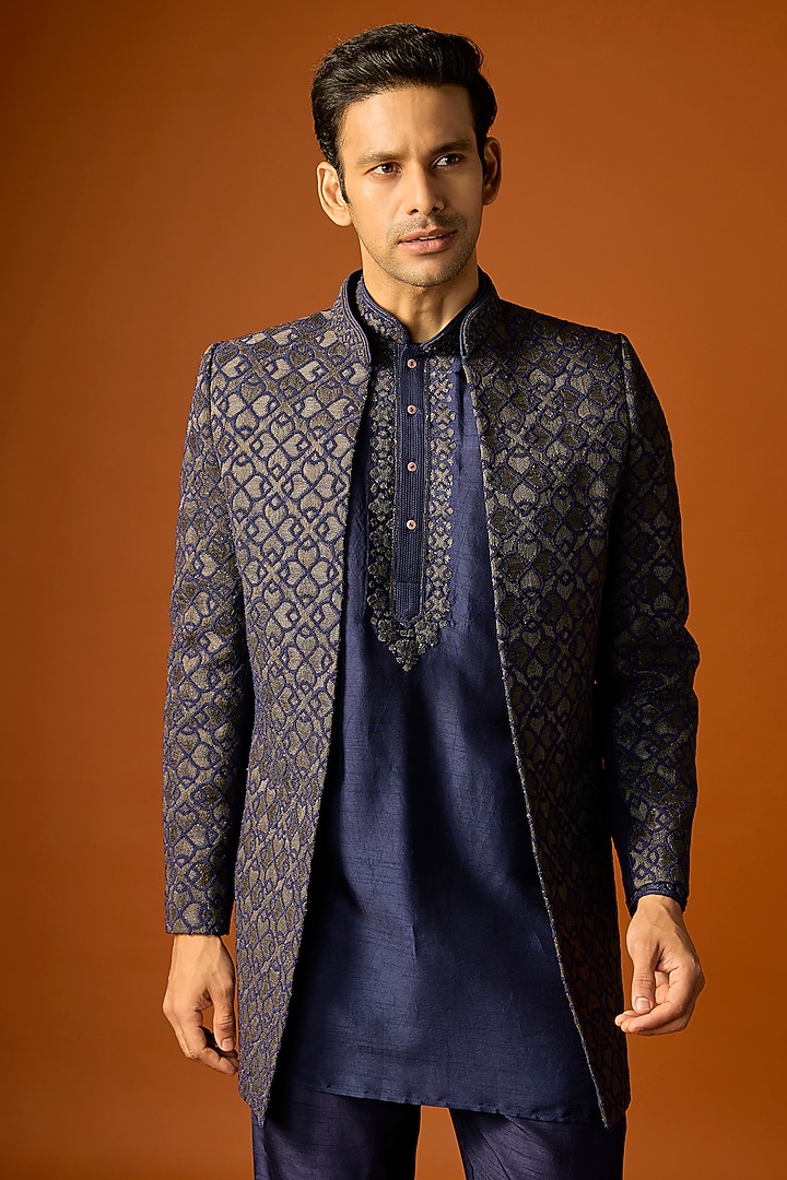 Navy Blue Silk Embroidered Groom Indowestern Set by SAMMOHAN at Pernia's Pop Up Shop