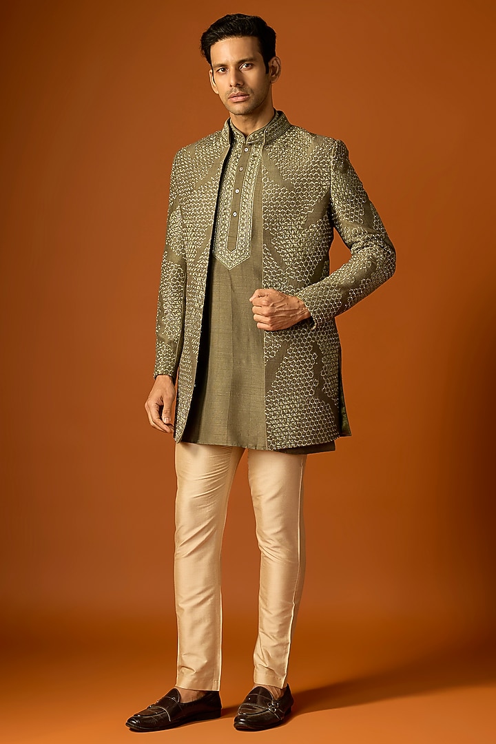 Olive Silk Embroidered Groom Indowestern Set by SAMMOHAN at Pernia's Pop Up Shop